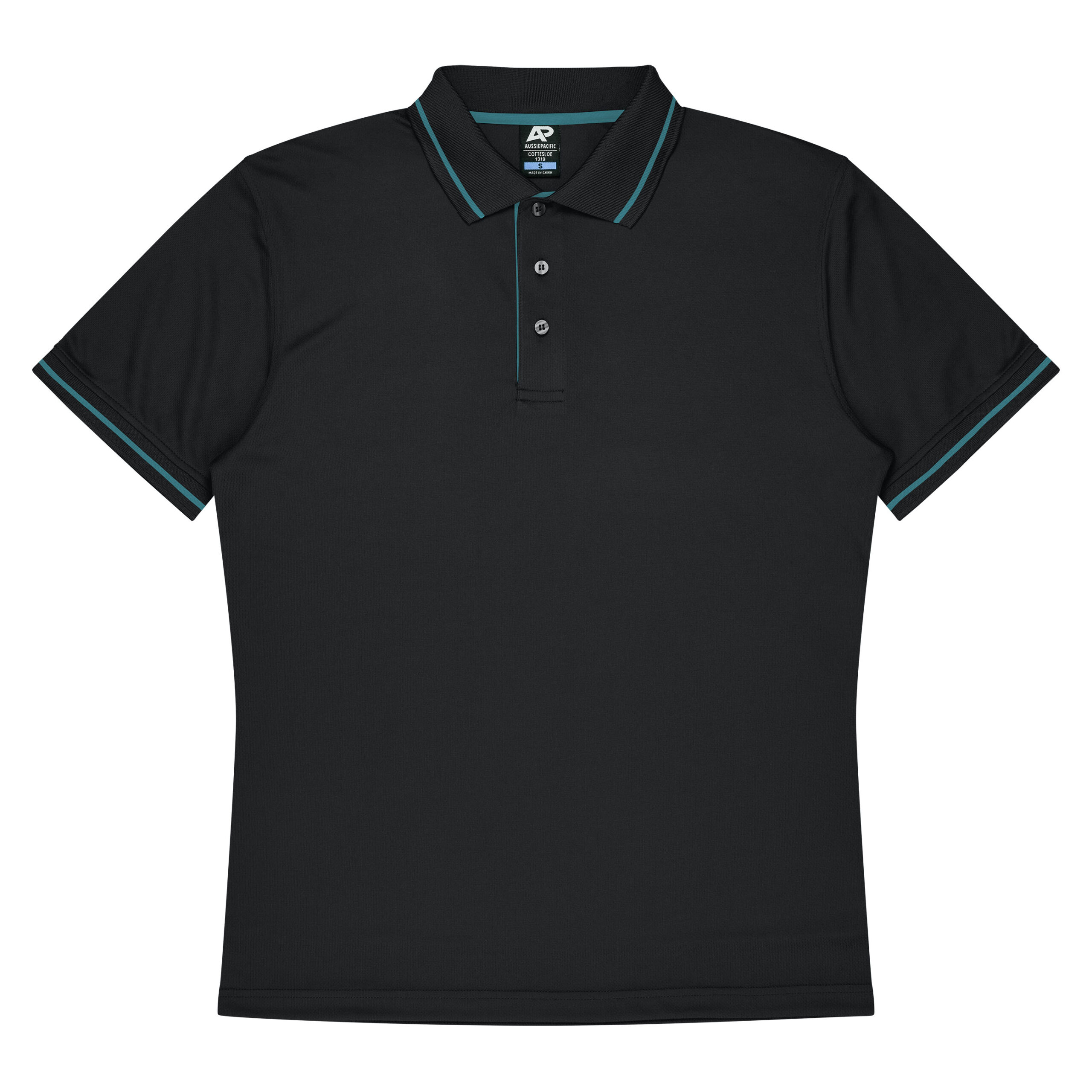 CBWM: Polo Shirt - Cottesloe Black-Teal Front for UV Printing and Embroidery designs