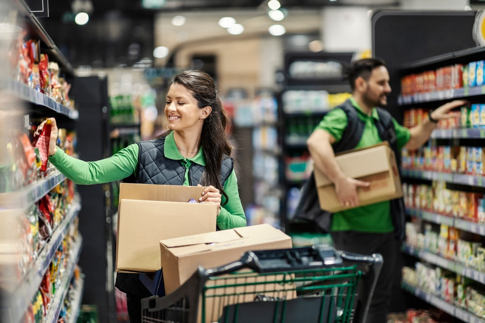 Grocery store employees wearing custom shirts workwear