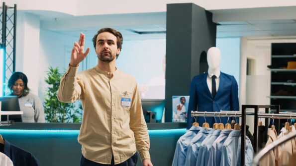 Mall employee wearing custom long sleeve workwear for embroidery