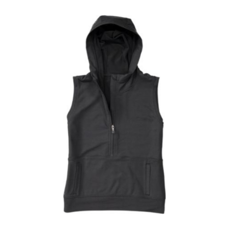 Black hooded vest sample product for custom embroidery service needs