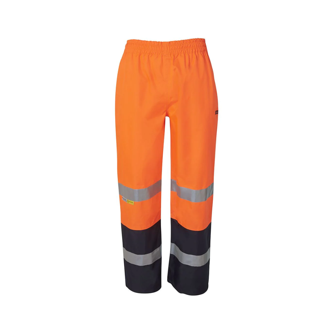 Work pants with reflective stripes, utilising screen print and heat transfer methods for improved visibility and durability
