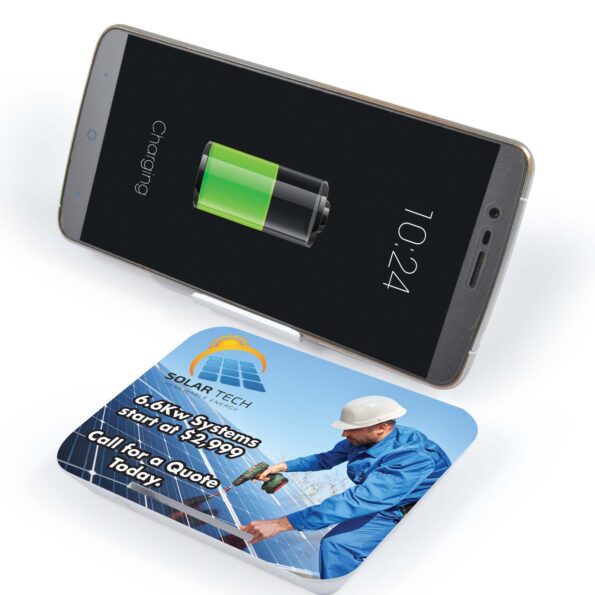 A Solar Tech Card higlighting heat transfer vinyl and UV printing methods used
