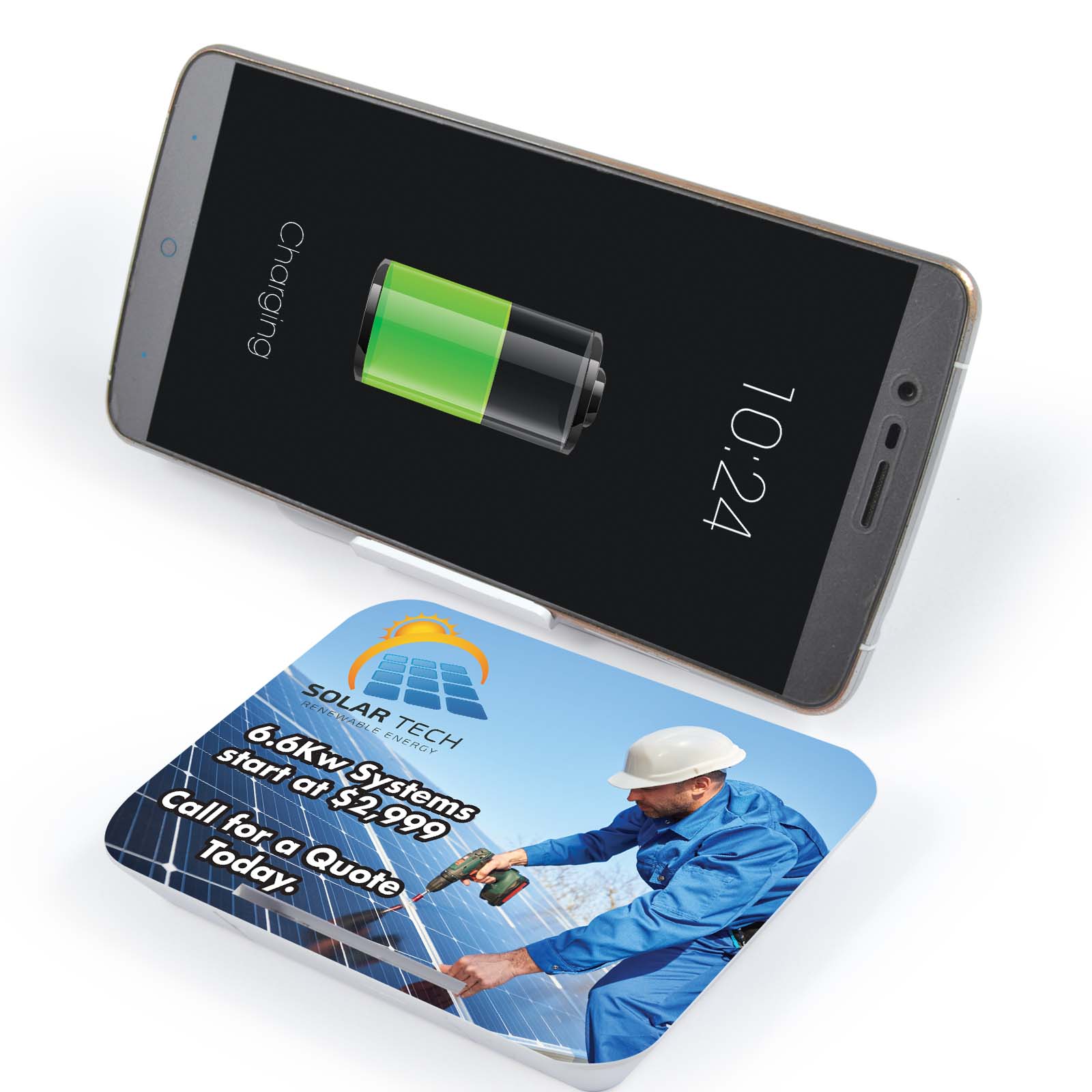 A Solar Tech Card higlighting heat transfer vinyl and UV printing methods used