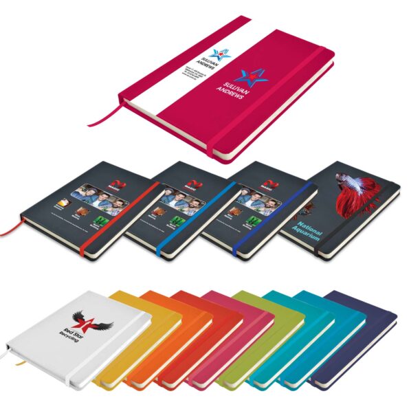 Softcover notebook with detailed embroidery and vibrant heat transfer vinyl printing