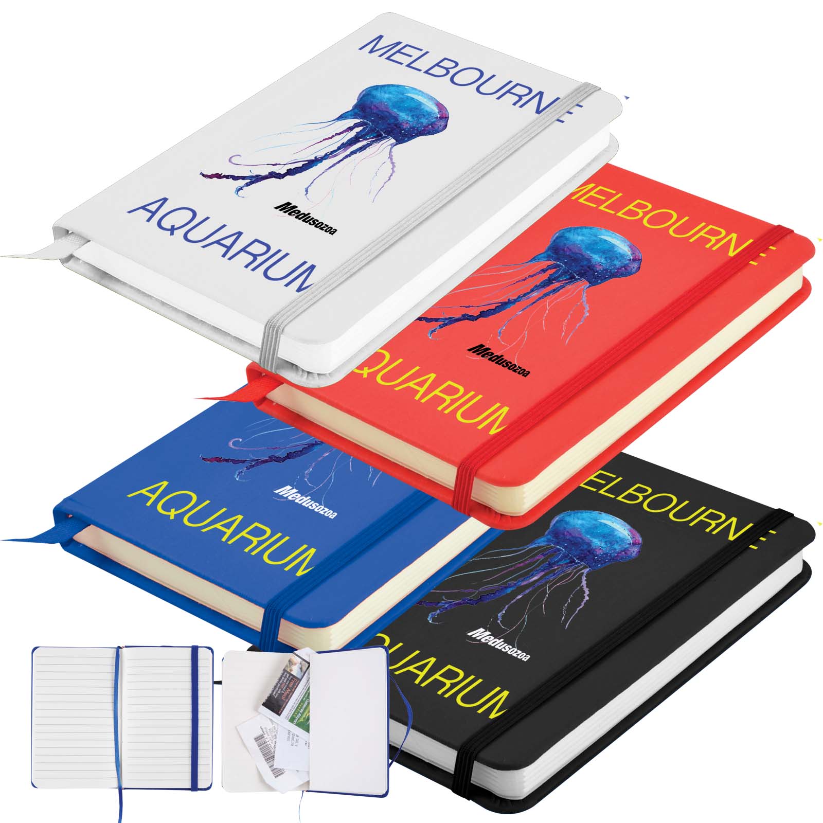 Softcover notebook with a vivid jellyfish embroidery and heat transfer vinyl printing Softcover notebook with a vivid jellyfish embroidery and heat transfer vinyl printing