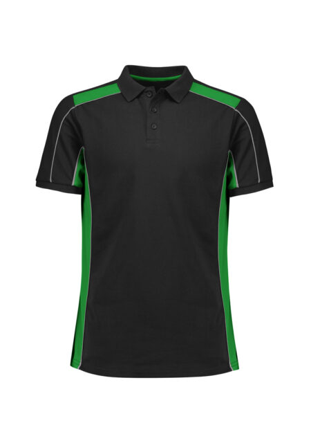 P413US_Product_Black_Green_Biz Collection Unisex Grid Short Sleeve Polo