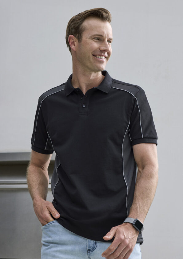 P413US_Talent_Black_Grey_03_Biz Collection Unisex Grid Short Sleeve Polo