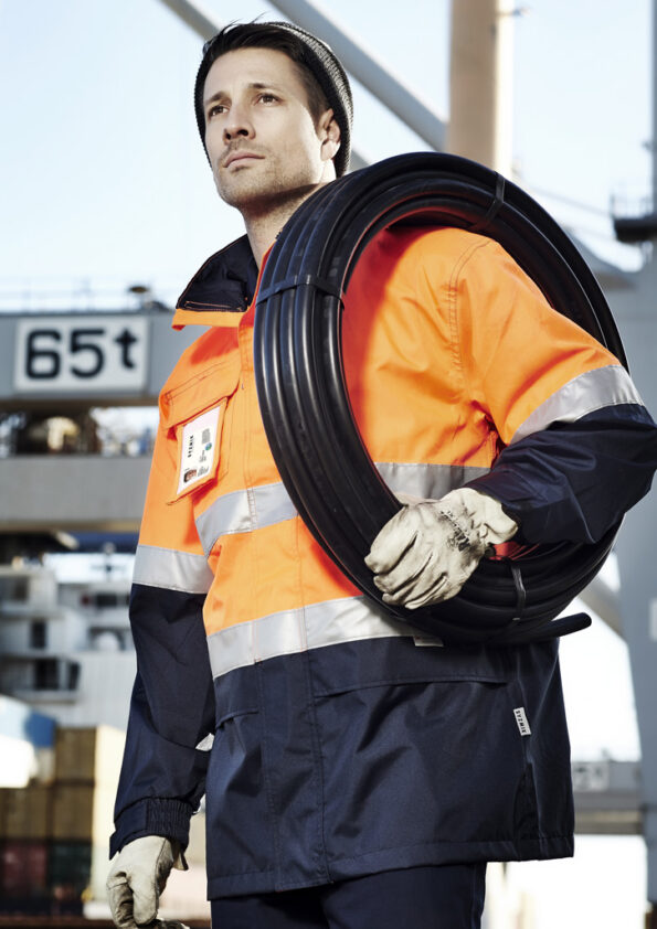 ZJ357_Syzmik Mens Hi Vis Ultralite Waterproof Jacket Orange/Navy Full front pic