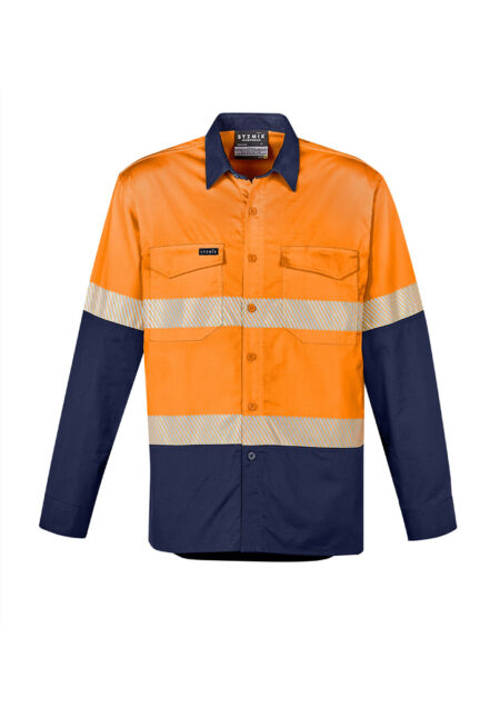 ZW229_Orange_Navy_Syzmik Mens Rugged Cooling Hi Vis Segmented Tape Long Sleeve Shirt Fr