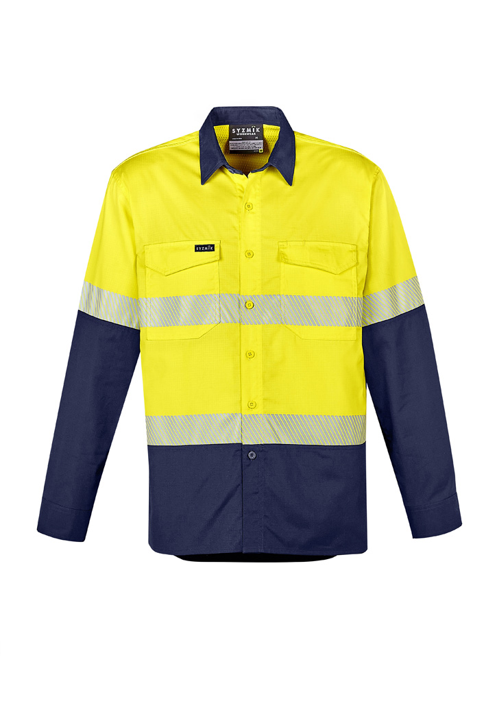 ZW229_Yellow_Navy_Syzmik Mens Rugged Cooling Hi Vis Segmented Tape Long Sleeve Shirt Fr
