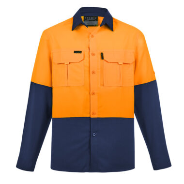 ZW468_Orange_Navy_Syzmik Mens Hi Vis Outdoor Long Sleeve Shirt Front