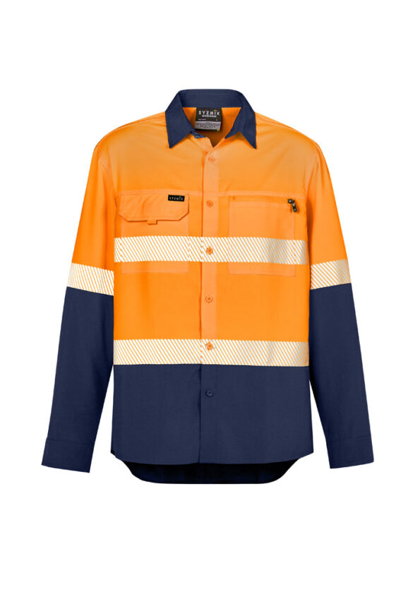 ZW470_Orange_Navy_Syzmik Mens Hi Vis Outdoor Segmented Tape Long Sleeve Shirt Front