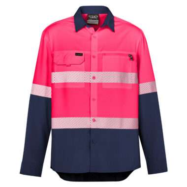 ZW470_Pink_Navy_Syzmik Mens Hi Vis Outdoor Segmented Tape Long Sleeve Shirt Front ZW470_Pink_Navy_Syzmik Mens Hi Vis Outdoor Segmented Tape Long Sleeve Shirt Front