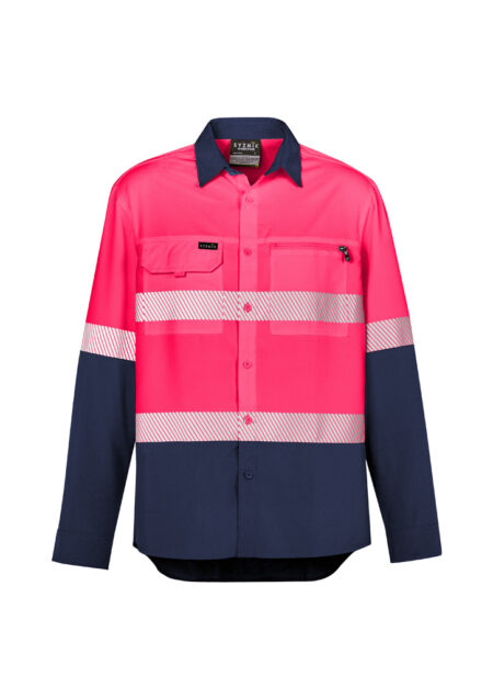 ZW470_Pink_Navy_Syzmik Mens Hi Vis Outdoor Segmented Tape Long Sleeve Shirt Front