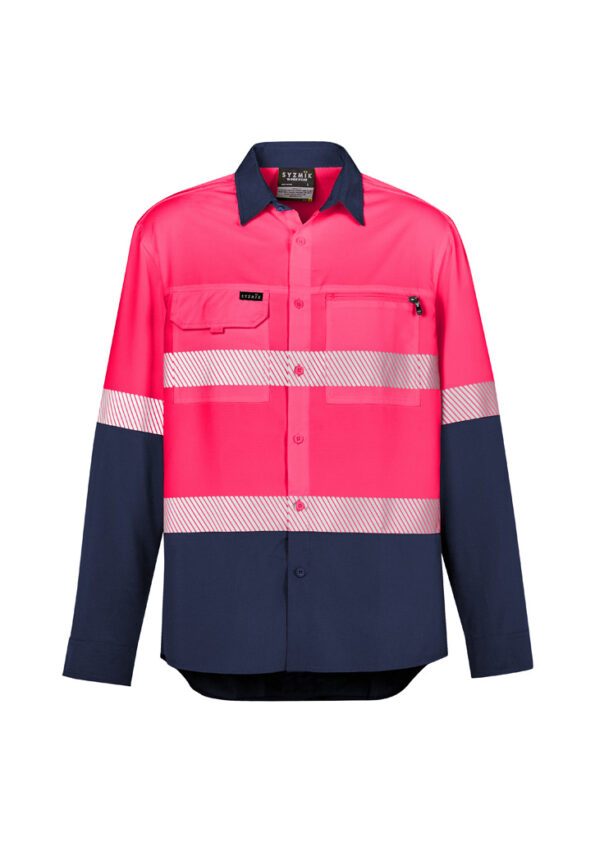 ZW470_Pink_Navy_Syzmik Mens Hi Vis Outdoor Segmented Tape Long Sleeve Shirt Front